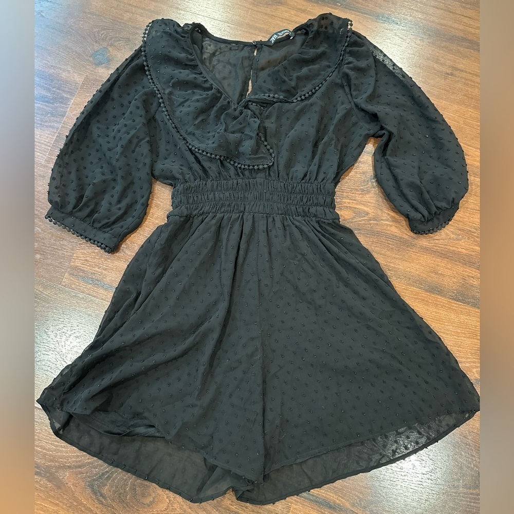 Zara Black Boho Romper 3/4 Sleeve Shirt Ruffle Size Small